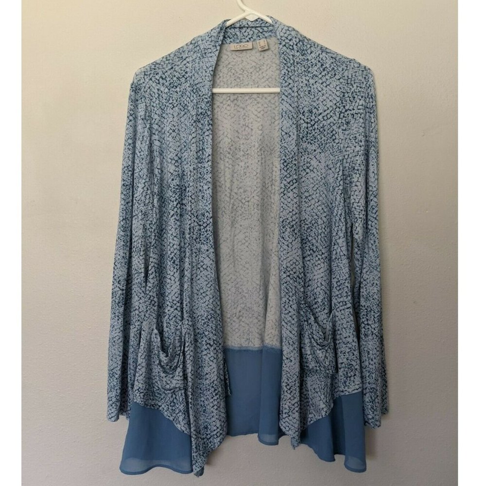 LOGO by Lori Goldstein Medium Print Cardigan Chiffon Hem Draped Long Sleeve